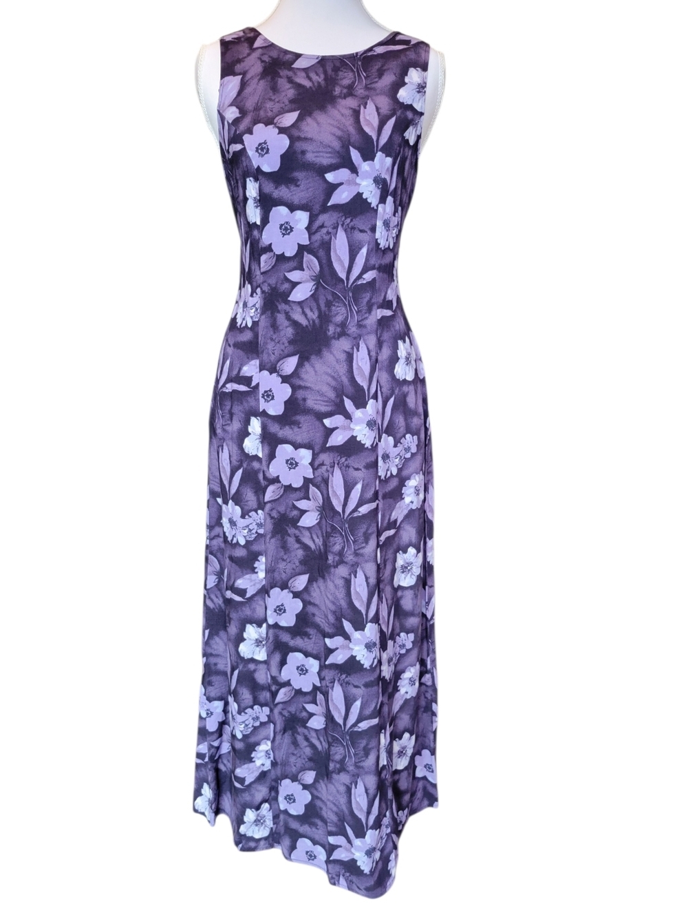Vintage 90s 100% Rayon Purple Floral Sleeveless Midi Maxi Dress - Picture 2 of 7